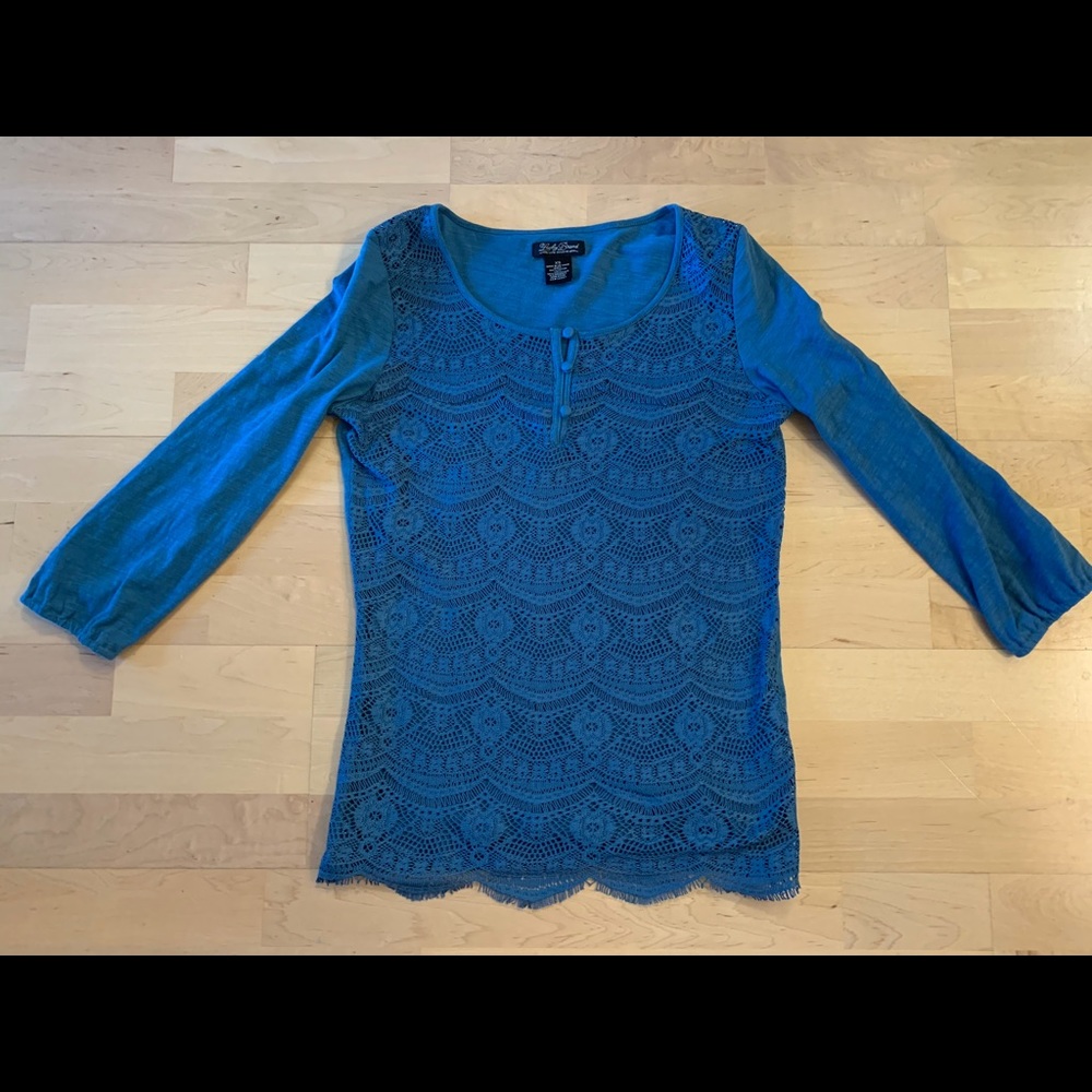 Lucky Brand Teal Cotton & Lace Blouse 3/4 Sleeve